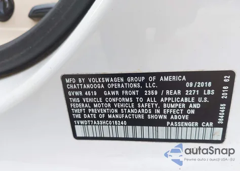 2017 Volkswagen Passat 1.8T R-Line from USA, damaged, VIN 1VWDT7A33HC015240